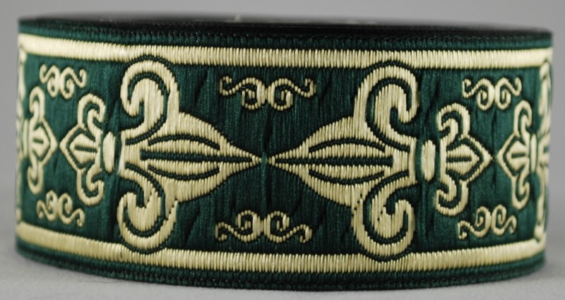 Borte Französische Lilie in Grün-Gold 33 mm- 10 m - Webborte zur Verzierung mittelalterlicher Kostüme und Larp Gewandungen