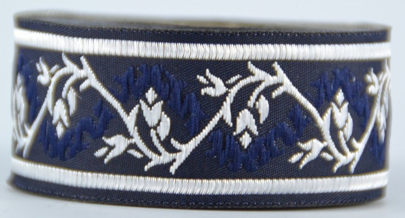 Borte Blumenranke in Marineblau-Silber 33 mm- 10 m - Webborte zur Verzierung mittelalterlicher Kostüme und Larp Gewandungen