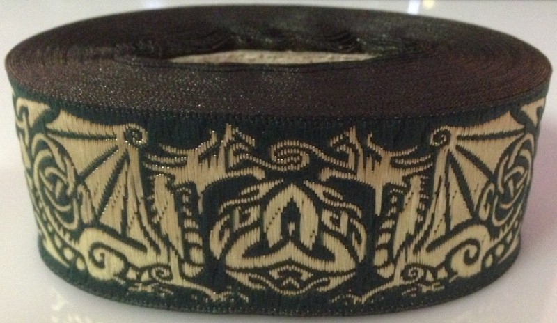 Borte Drache in Grün-Gold, 33 mm- 10 m - Webborte zur Verzierung mittelalterlicher Kostüme und Larp Gewandungen