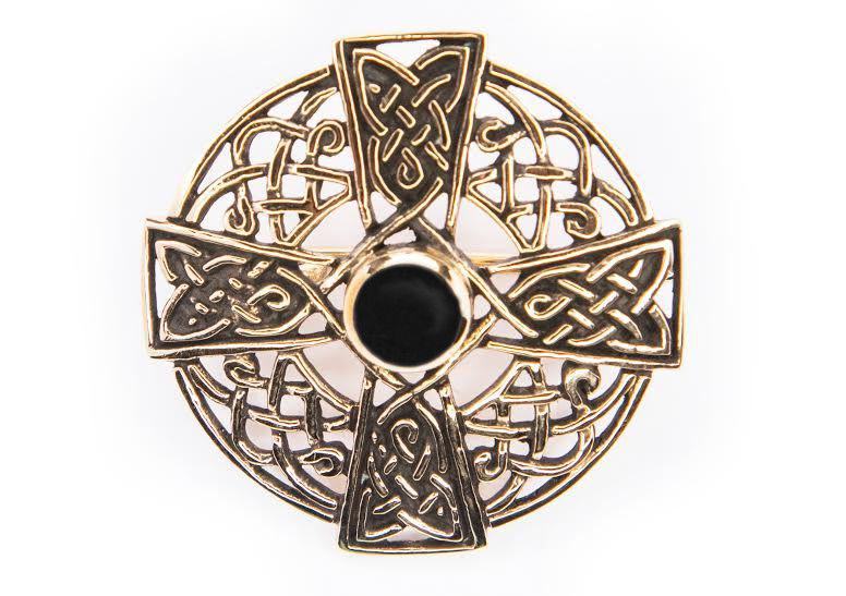 [fb8] Keltische Fibel Brosche "Namida" aus Bronze – Kreuz mit Onyx 3,4 cm