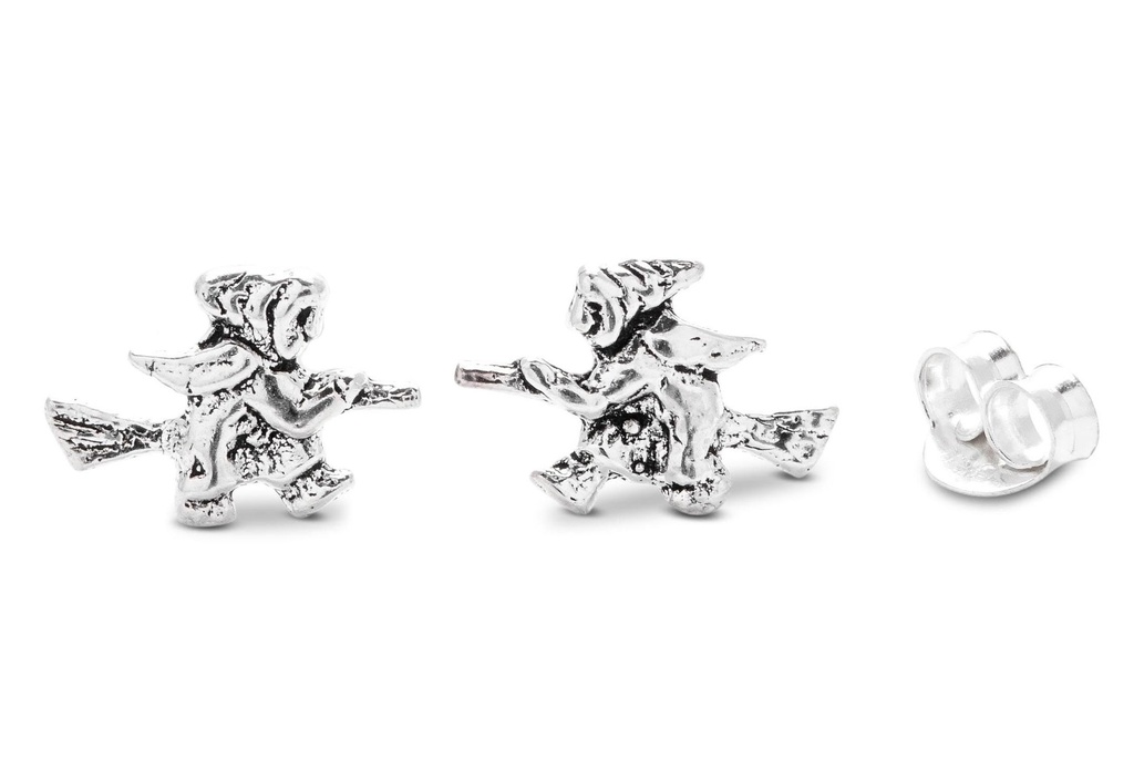 [ost44] Ohrstecker ZULI aus 925er Silber 9 mm – Kleine Hexe auf Besen Ohrschmuck