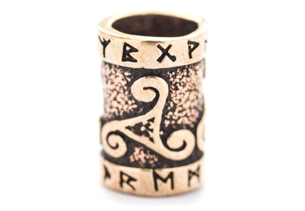 Wikinger Perle "Dwarven Might" aus Bronze – Bart- & Haarperle mit Runen & Triskele 1,5 cm