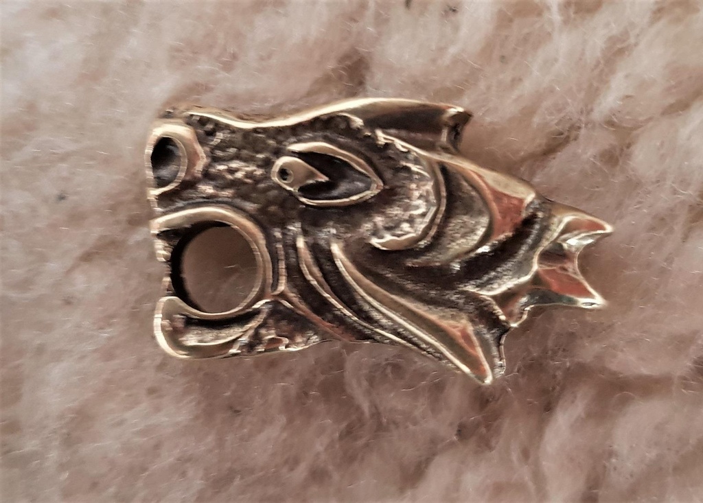 Drachenkopf-Beschlag in Messingoptik – Linksschauender Wikinger-Zierbeschlag 29 x 18 mm 