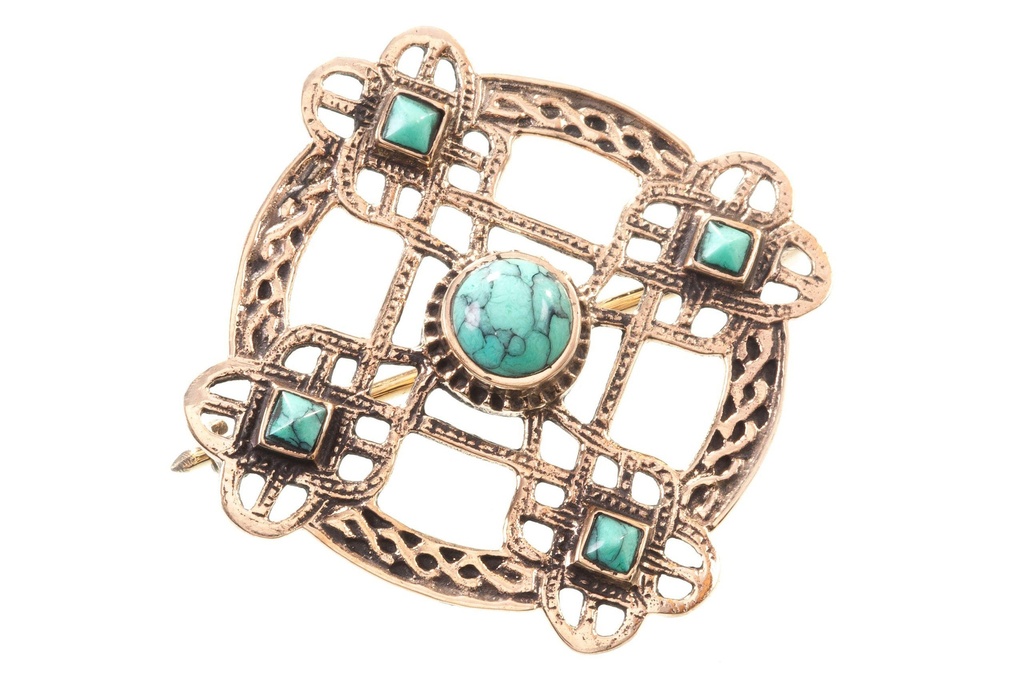 [Fb16-3] Schmuck Fibel Thura – Mittelalter Brosche mit Türkis 4,3 cm – Bronze – Historische Gewandfibel