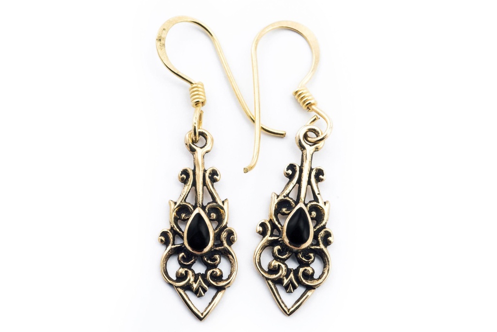 Mittelalter Ohrhänger „Ninia Onyx II“ aus Bronze – Damenohrringe 3,5 cm mit schwarzem Stein