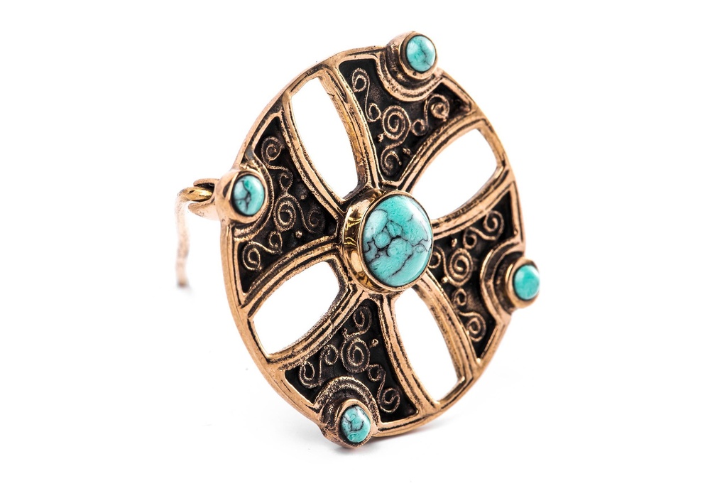 Schmuck Fibel Asur – Kreuzfibel mit Türkis 4 cm – Bronze – Wikinger Gewandfibel für historische Kleidung 