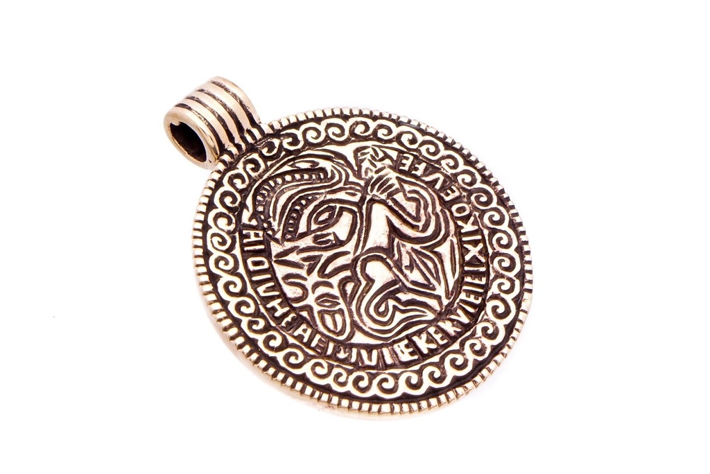 Schmuck-Anhänger BRAKTEAT Ø 2,6 cm – Odin auf Sleipnir Kraft-Amulett aus Bronze mit Runen