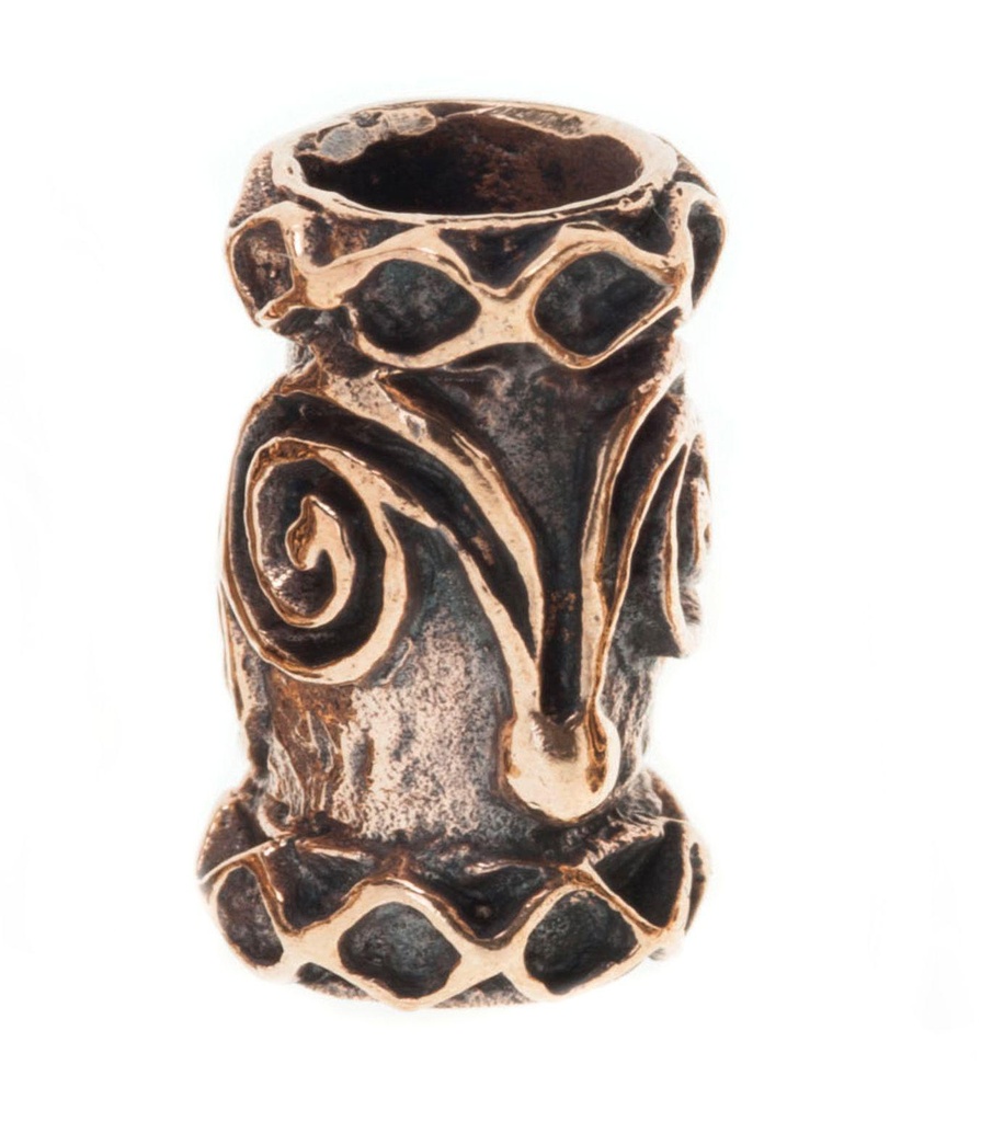 Keltische Haar- & Bartperle DWALIN aus Bronze – 14 mm Schmuckperle mit Doppelspirale & Rautenmuster
