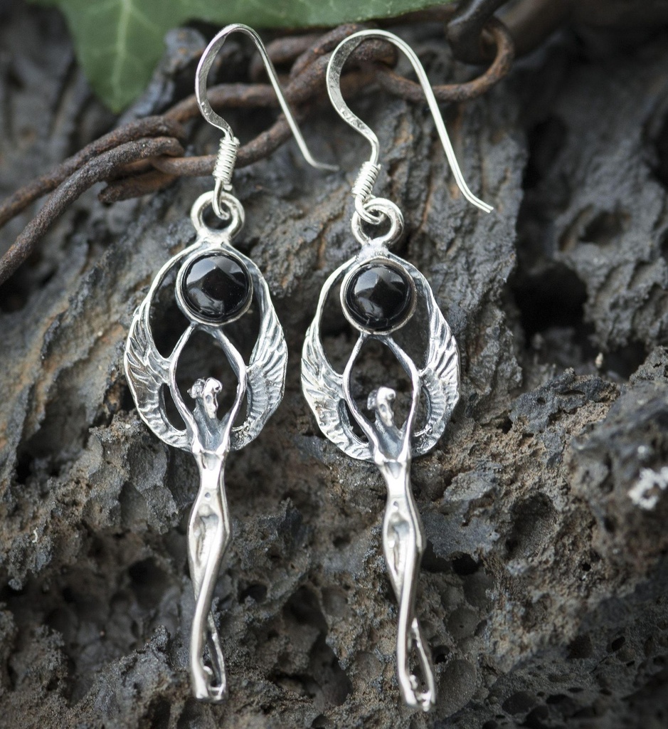 MYFANWY Ohrringe aus Silber mit Onyx – Elfen Ohrhänger 4,1 cm
