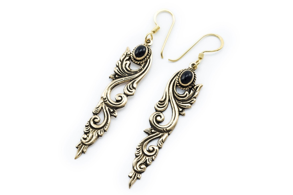 [ohb551] Mittelalter Ohrhänger „Spiral Onyx“ aus Bronze – 6,4 cm Ohrringe mit schwarzem Edelstein