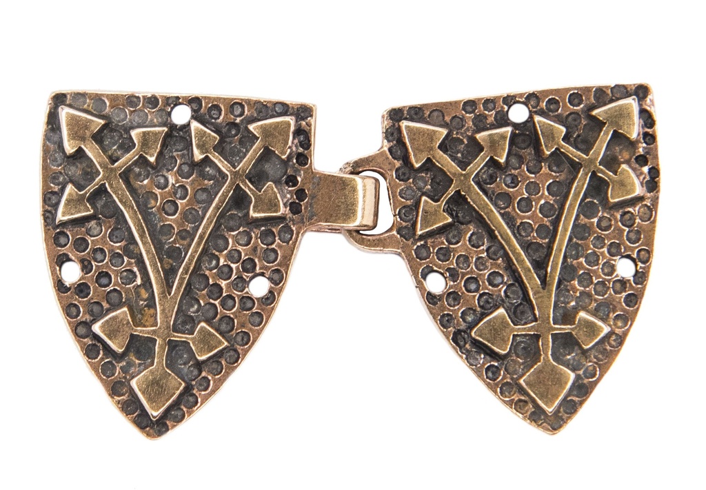 [fb27] Mittelalter Mantelschließe „Arthus – Ritterwappen“ aus Bronze – Broschenset 4,3 cm