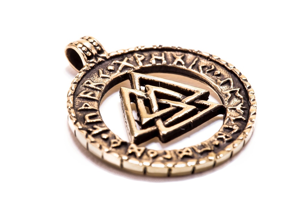 Anhänger VALKNUT aus Bronze – Wotansknoten mit Runen Wikinger Amulett 2,6 cm