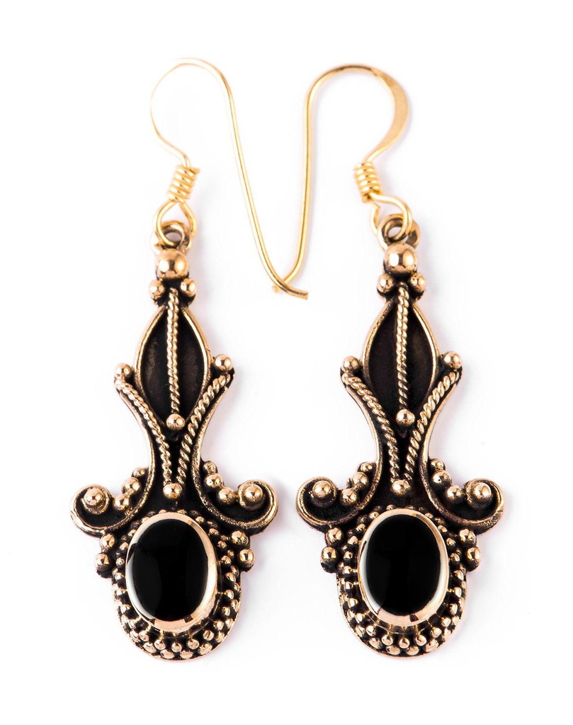 [ohb583] Mittelalter Ohrhänger „Kayleen Onyx“ aus Bronze – Damenohrringe 4,7 cm mit schwarzem Edelstein 