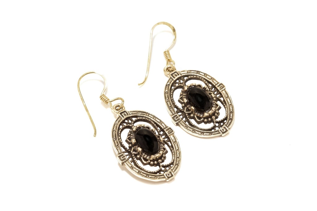 [ohb593] Ohrhänger Bogga mit Onyx aus Bronze – Mittelalterlicher Ohrschmuck 3,9 cm