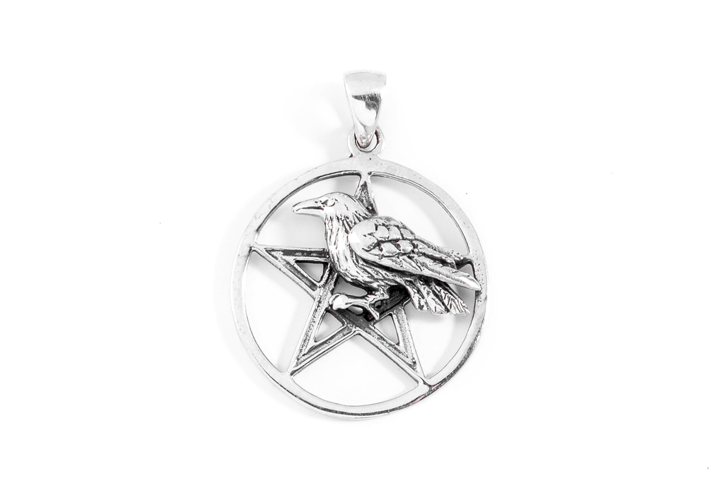 Amulett, Anhänger 'Freki - Rabe im Pentagramm' aus Silber 925 - Mittelalter, Larp, Fantasy Schmuck