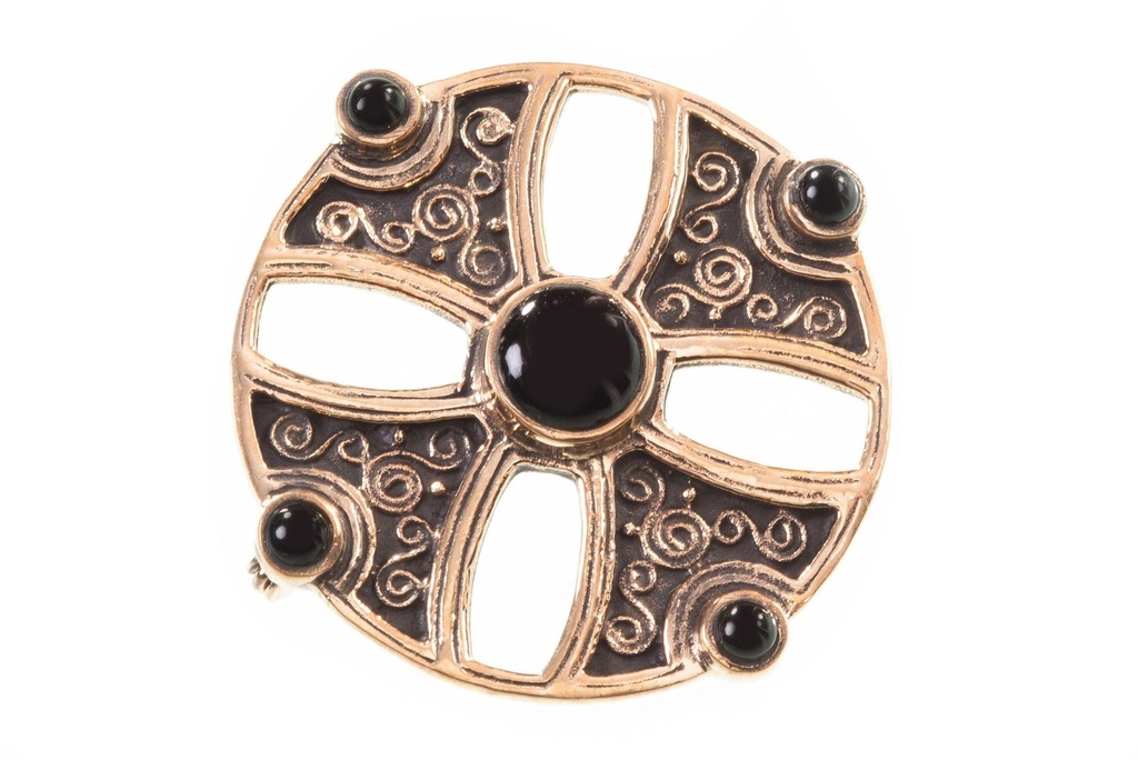 [fb15] Mittelalter Fibel Brosche "Kreuzfibel Onyx" aus Bronze – Rundfibel mit schwarzen Onyxsteinen 4 cm
