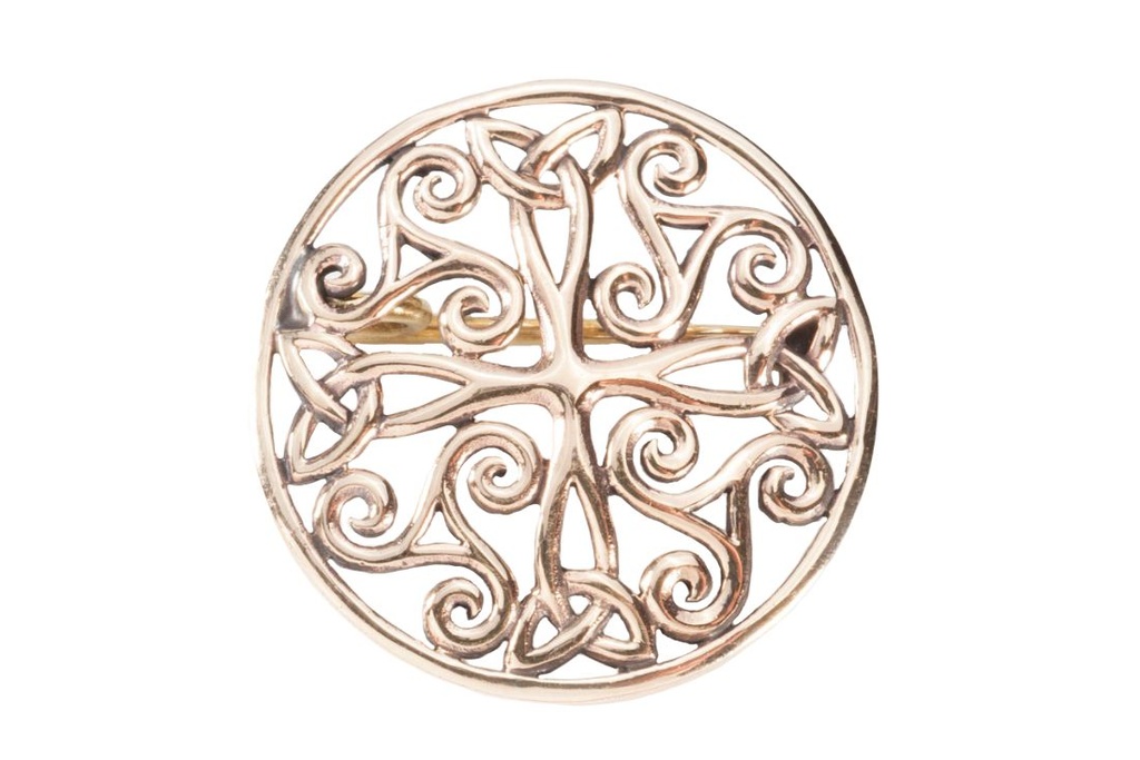 [fb62] Mittelalter-Fibel „Aurea – Keltenkreuz mit Triskele“ aus Bronze – Brosche Ø 3,1 cm