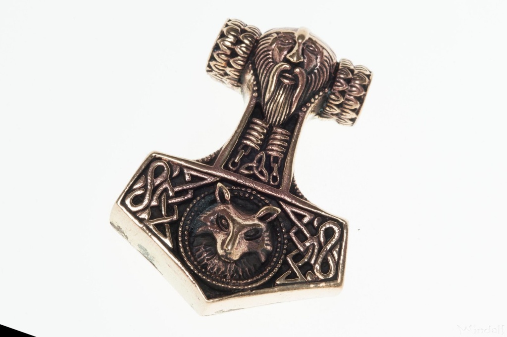 Großer Thorshammer Anhänger THORON aus Bronze 4,3 cm – Mjölnir Amulett mit Odins Antlitz
