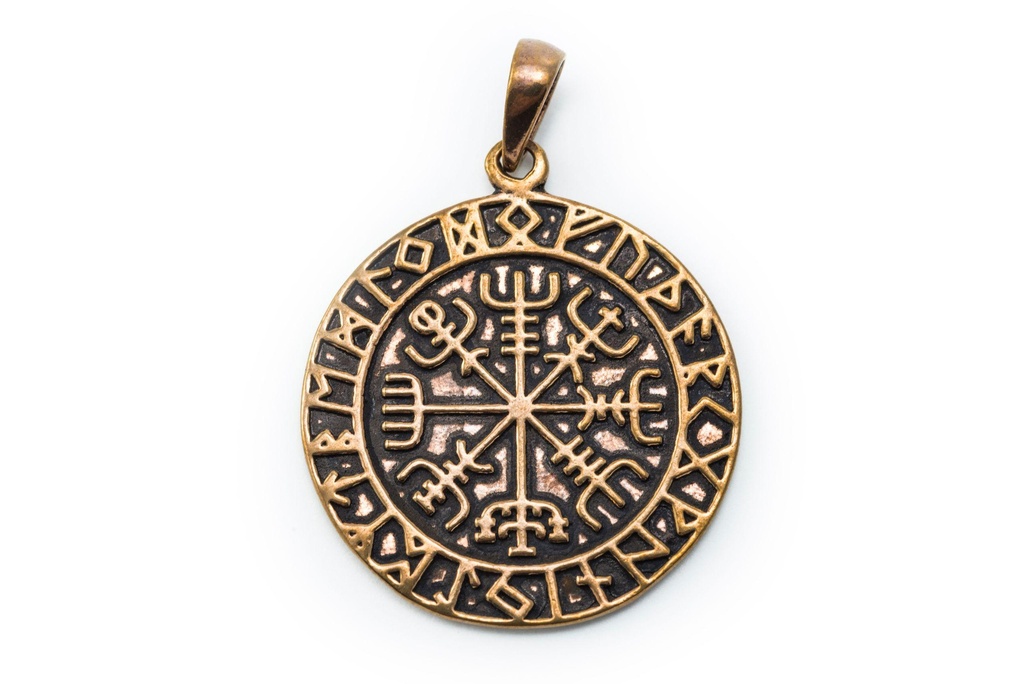 Wikinger Anhänger „Ragson“ aus Bronze – Vegvísir Runenkompass 3,2 cm nordisches Schutzamulett