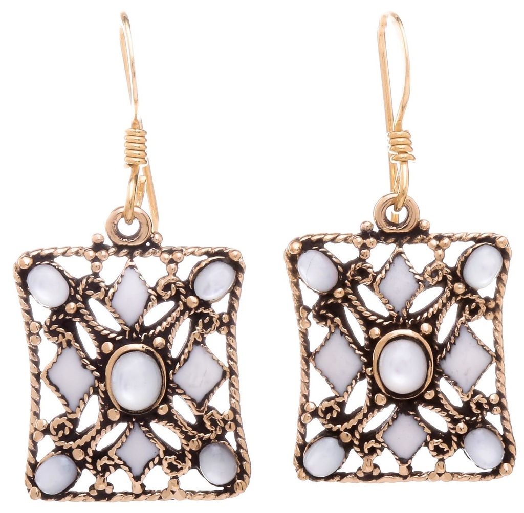 [Ohb548-2] Schmuck Ohrhänger Byzanz Mittelalter Perlmutt 3,5 cm – Bronze – Historische Ohrringe mit filigranem Design