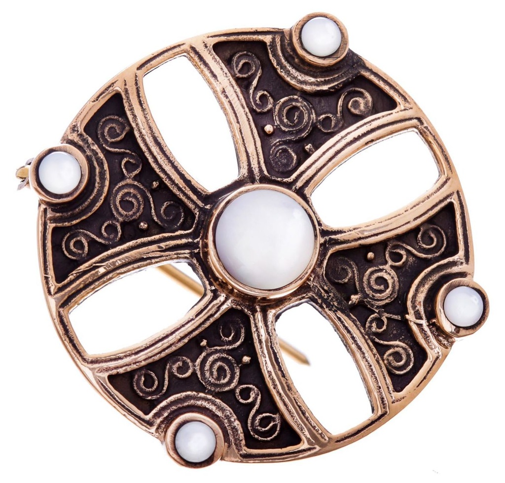 Schmuck Fibel Asur – Kreuzfibel mit Perlmutt 4 cm – Bronze – Wikinger Gewandfibel für historische Kleidung