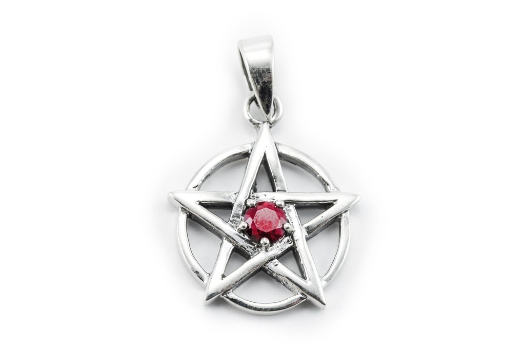 Pentagramm-Anhänger RAYAN aus 925er Silber mit rotem Stein – Mystisches Schutzsymbol (2,7 cm)