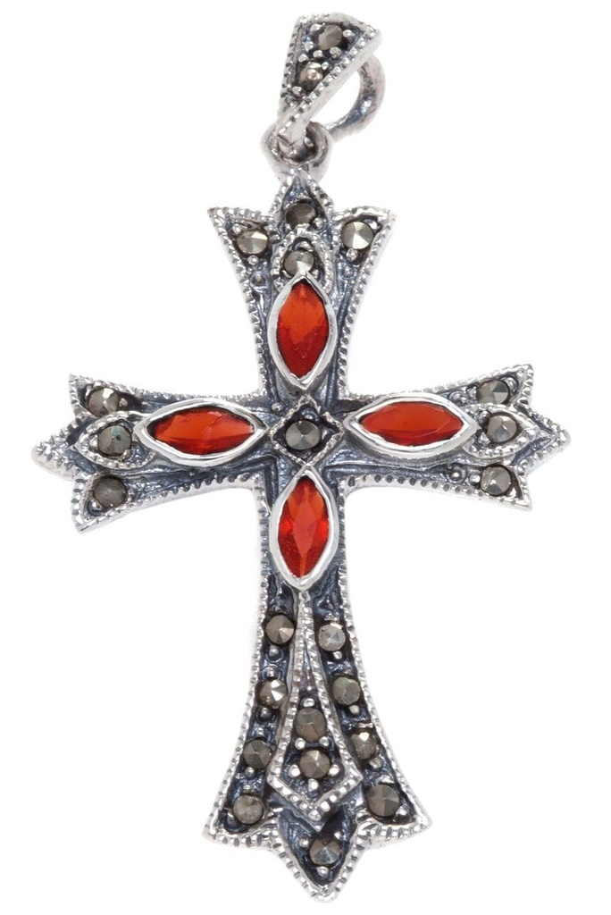 Mittelalter Kreuz-Anhänger IARA aus 925er Silber – Gotisches Schmuckstück mit Kristall (4,4 cm)