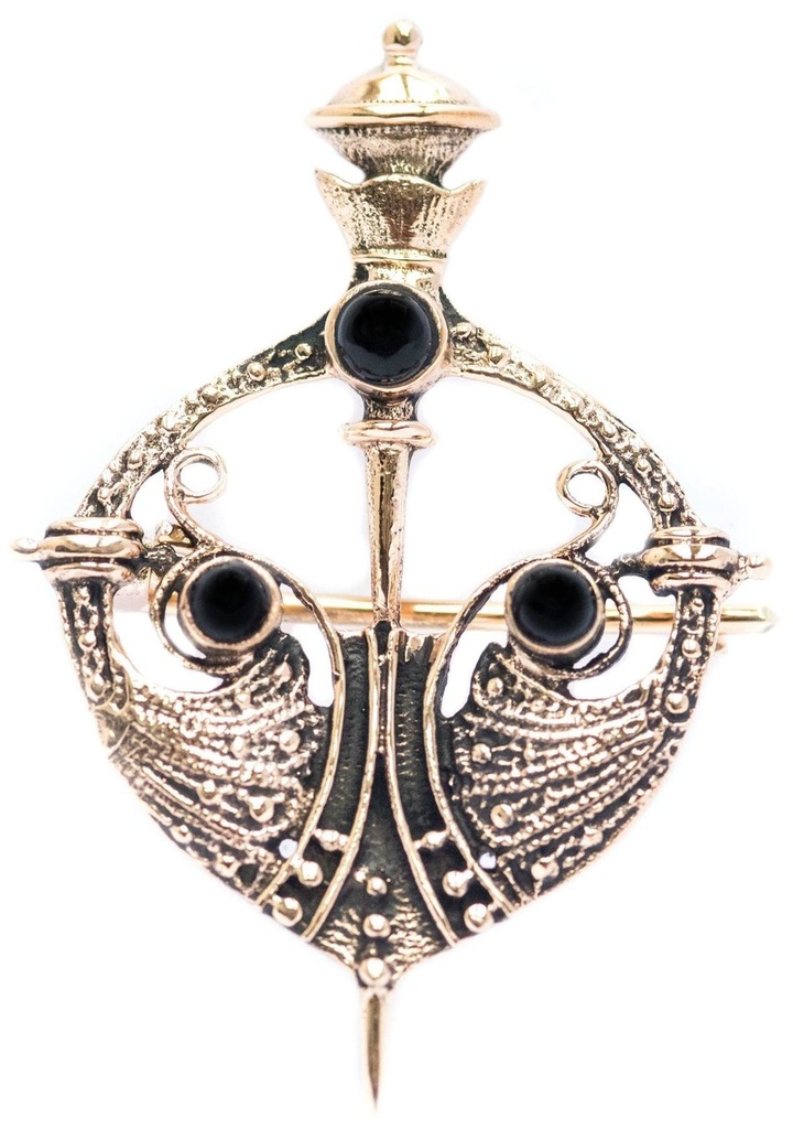 Wikinger-Brosche „Arnora – Schwert & Onyx“ aus Bronze – Gewandschmuck 5,1 cm mit Edelstein 