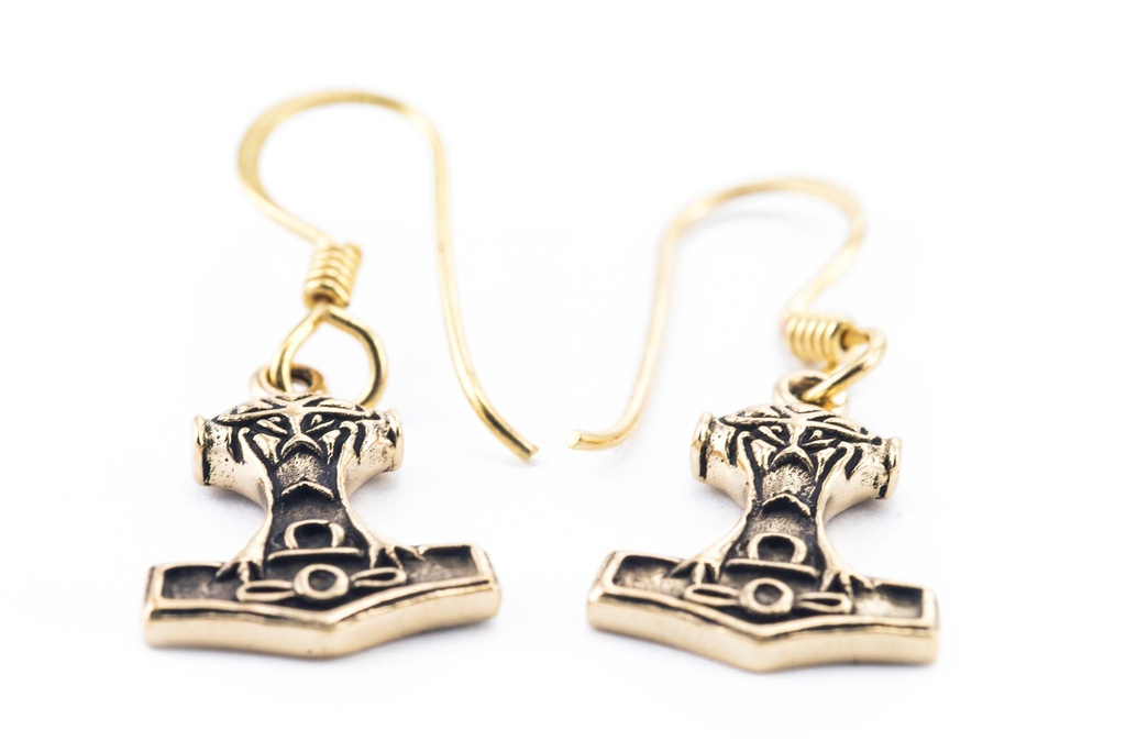 Ohrhänger „Torsan – Thorshammer mit Gesicht“ aus Bronze – Nordischer Ohrschmuck 2,9 cm