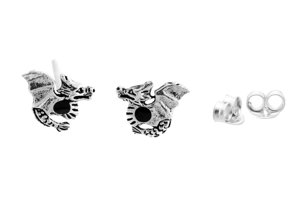 Ohrstecker Nepomuk Drache mit Onyx aus 925 Silber – Mini Fantasy Ohrschmuck 1 cm