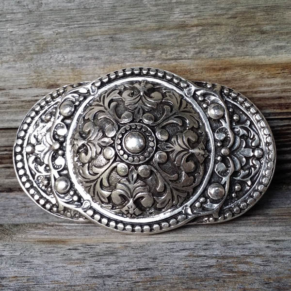 [B689-1] Schildwall-Gürtelschließe silberfarben – Dreischild-Schnalle aus Zamak für 4 cm Gürtel