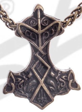 Thor-Hammer Anhänger altmessingfarben – Beidseitig verziert mit Feoh-Rune aus Zamak