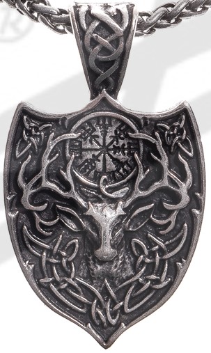 Anhänger Hirschwappen mit Vegvisir – Silberfarbener nordischer Talisman 50 mm
