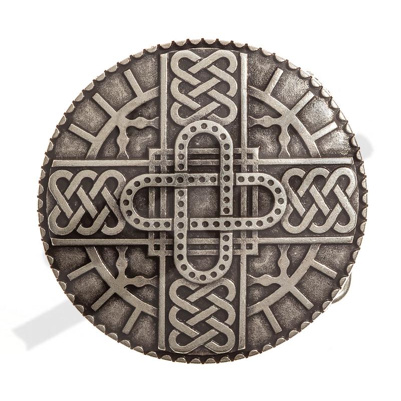 [B644-1] Merowinger Gürtelschließe silberfarben – Runde Mittelalter-Schnalle mit keltischem Kreuzmotiv für 4 cm Gürtel