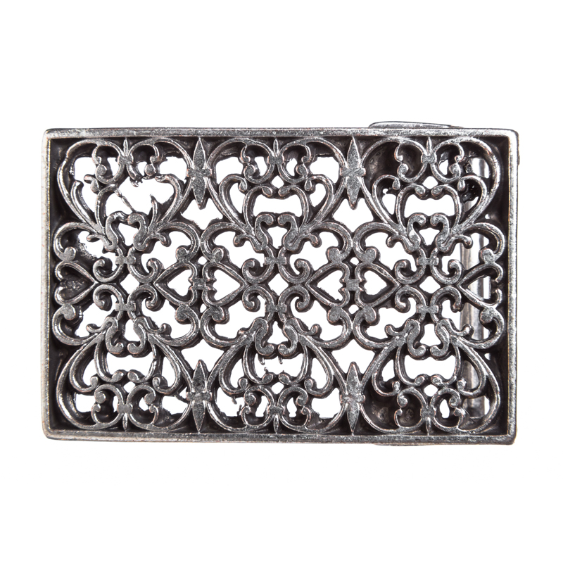 [B1188-1] Silberfarbene Schließe „Nazir“ – Rechteckige Koppelschließe mit filigranem Ornament für 3,5 cm Gürtelriemen