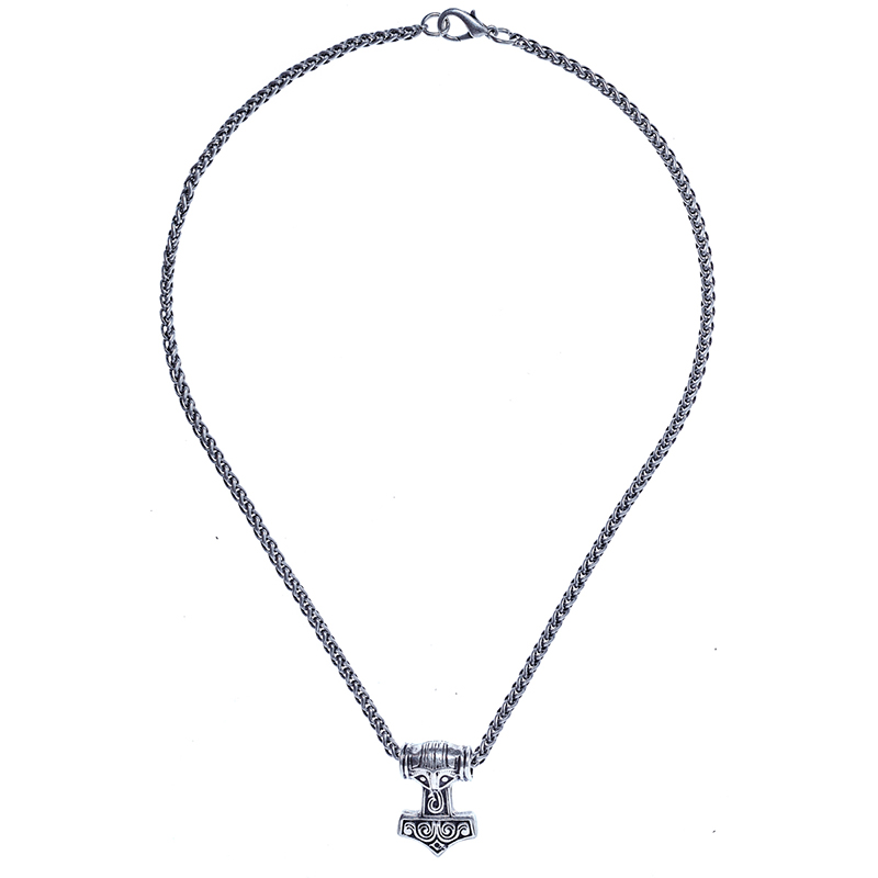Halskette „Malmer des Thor“ – Silberfarbener Mjölnir mit Maskenmotiv