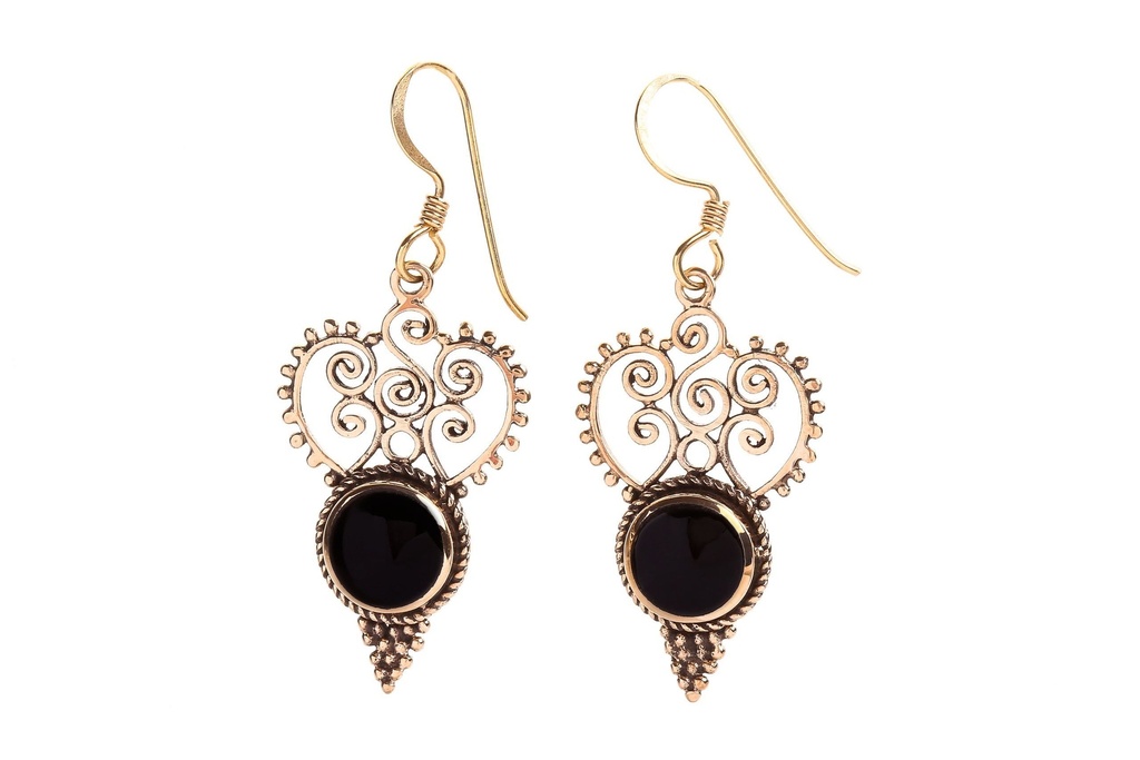 [ohb552] Ohrhänger Idana mit Onyx aus Bronze – Boho Spiralen Ohrschmuck 4,4 cm