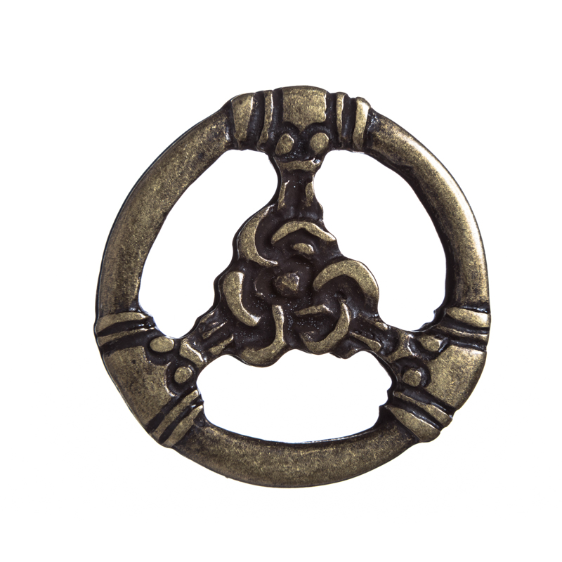 Alt­messing­farbener Beschlag „TRIS“ – Keltischer Gürtel-Teiler mit Knotenmuster