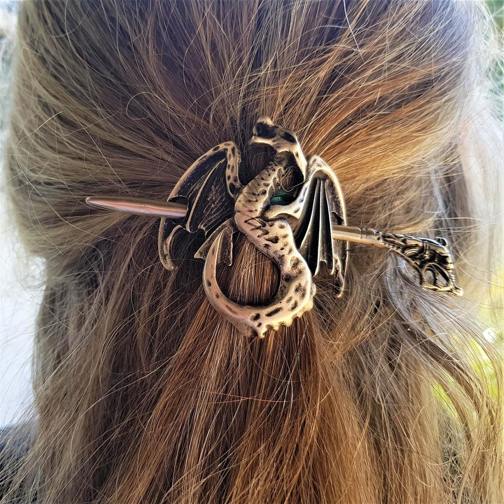 Haarspange Wyvern Nordischer Drache – Messingfarbener Haarschmuck mit Drachenkopf-Nadel 55 mm