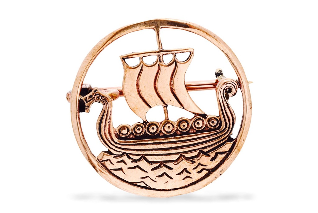 [fb74] Wikinger Fibel Brosche "Svold" aus Bronze – Drachenboot als Gewandschließe 2,5 cm