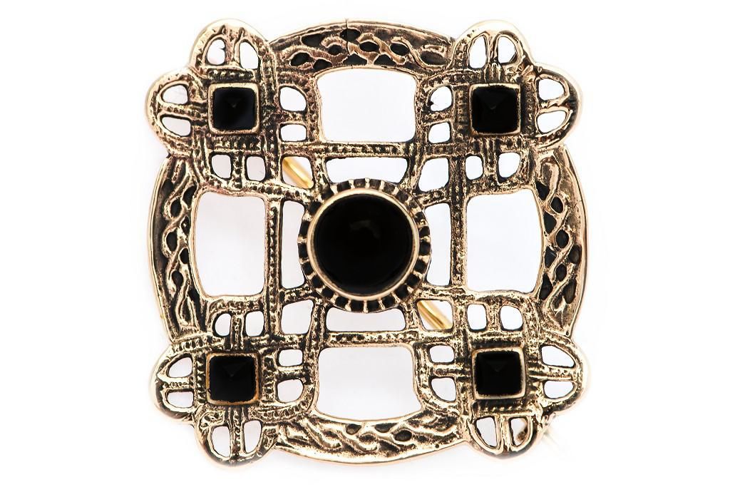 [fb16] Wikinger Fibel Brosche "Ancient Cross Onyx" aus Bronze – Gewandschmuck mit Onyx 4,3 cm 