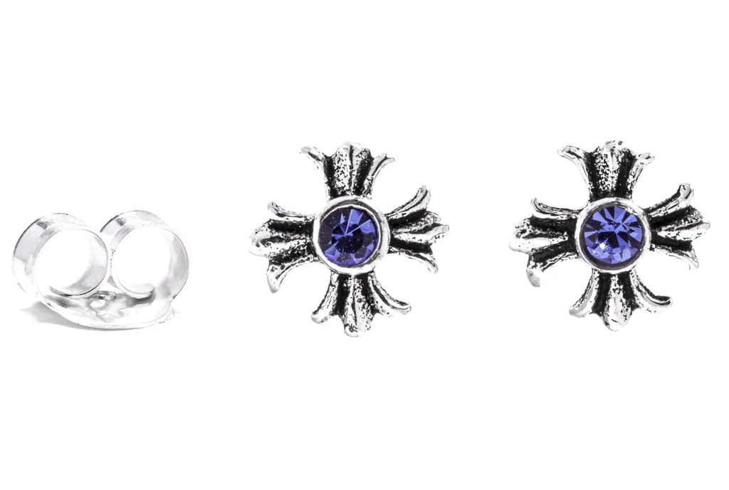 [ost147] Ohrstecker „Acana – Mittelalterkreuz mit blauem Kristall“ aus 925er Silber – Kreuzstecker 6 mm