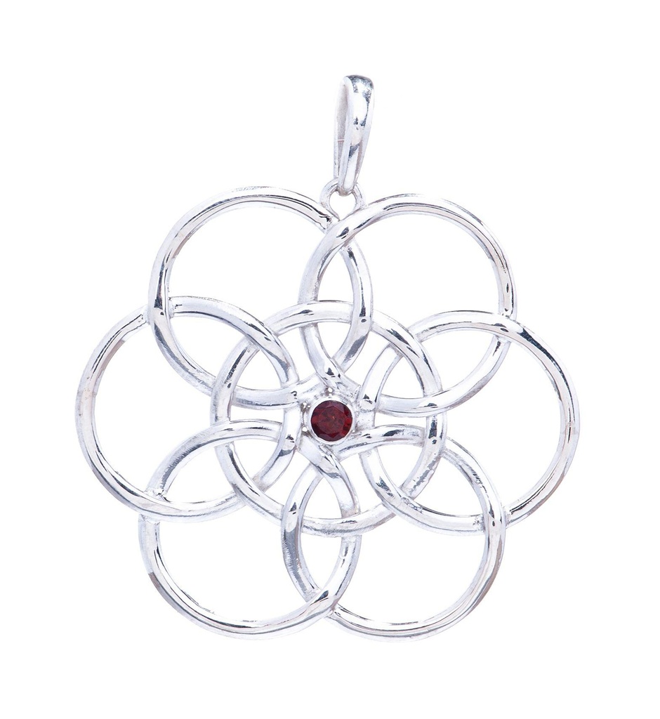 [WK2015-As27-2] Schmuck-Anhänger Blume des Lebens 4 cm mit echtem Granat – Heiliger Geometrie-Talisman aus 925er Silber