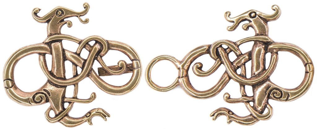 [fb28-2] Wikinger Gewandschließe „Askan – Drachen“ aus Bronze – Zweiteilige Brosche 9,4 cm im Urnesstil