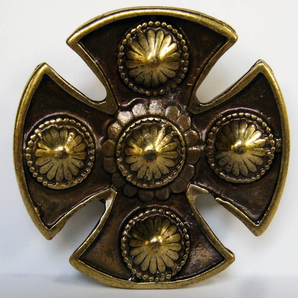 [N-109-21] Wikinger Kreuz-Schild altmessing – 50 mm Schildniete mit floralen Buckeln für Rüstung & Reenactment
