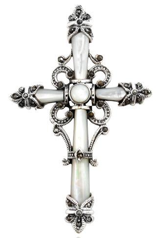 Mittelalter Kreuz-Anhänger RIANA aus 925er Silber – Großes gotisches Kreuz mit Perlmutt (6,2 cm)