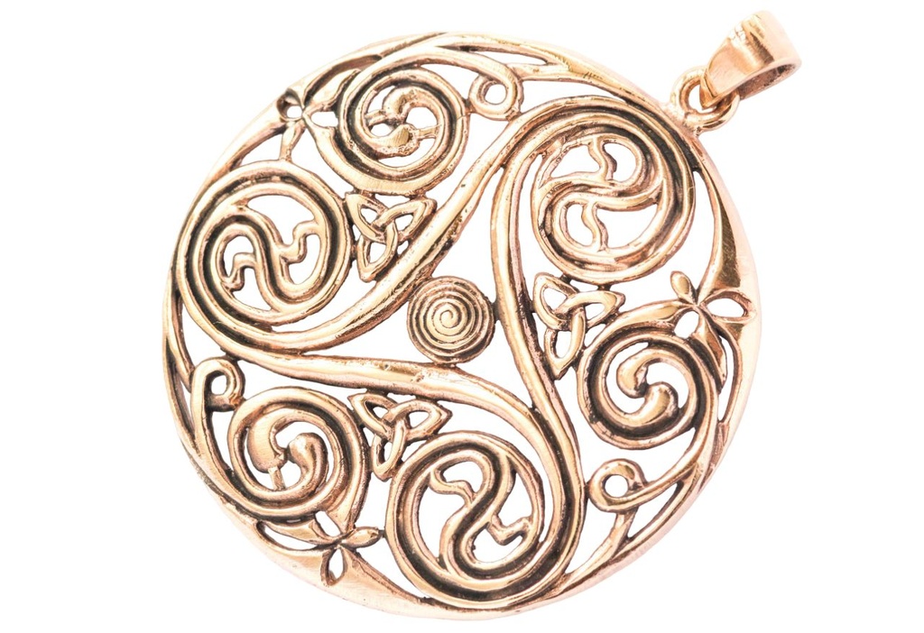 [acb539] Schmuck Anhänger Danu Ø 6 cm – Bronze – Großes keltisches Amulett mit Dreifachspirale & Knotenmuster