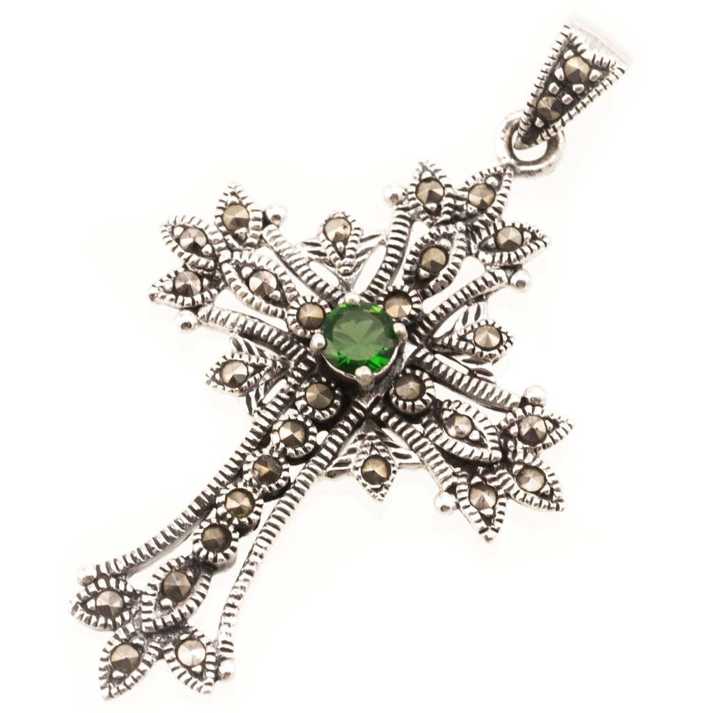 [Ak37-3] Schmuckstück  Mittelalter Kreuz Schmuck Anhänger ACANTHA 4.5 cm Gothic Grüner Kristall Silber 4.5 cm