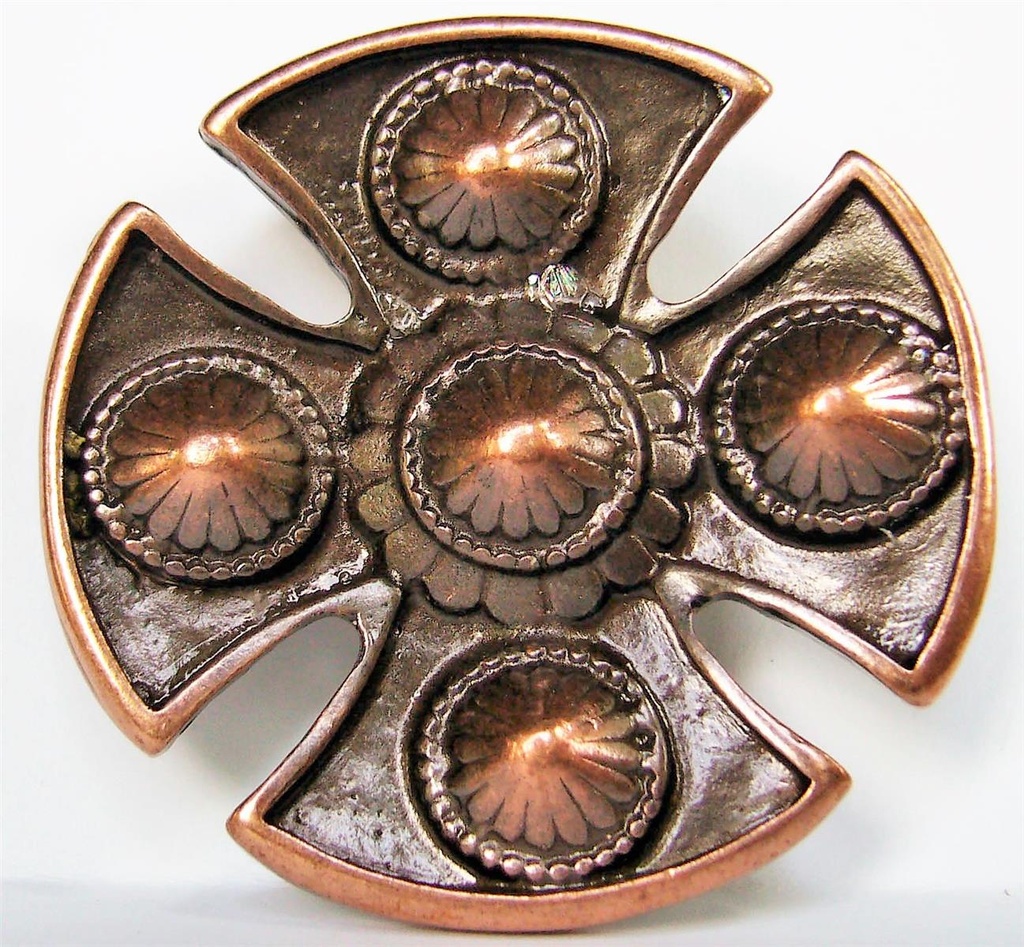 [N-109-4] Wikinger Kreuz-Schild kupferfarben – 50 mm Schildniete mit floralen Buckeln & 2 Nieten