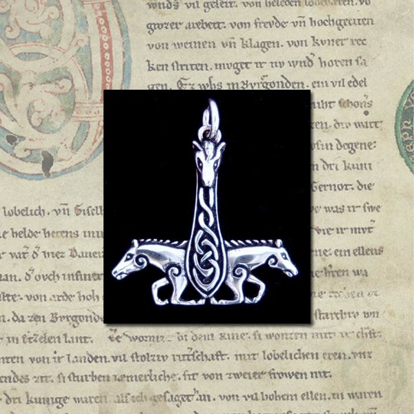 Thorshammer Anhänger ARATON aus Silber – Mjölnir mit Pferdeköpfen 4,3 cm 